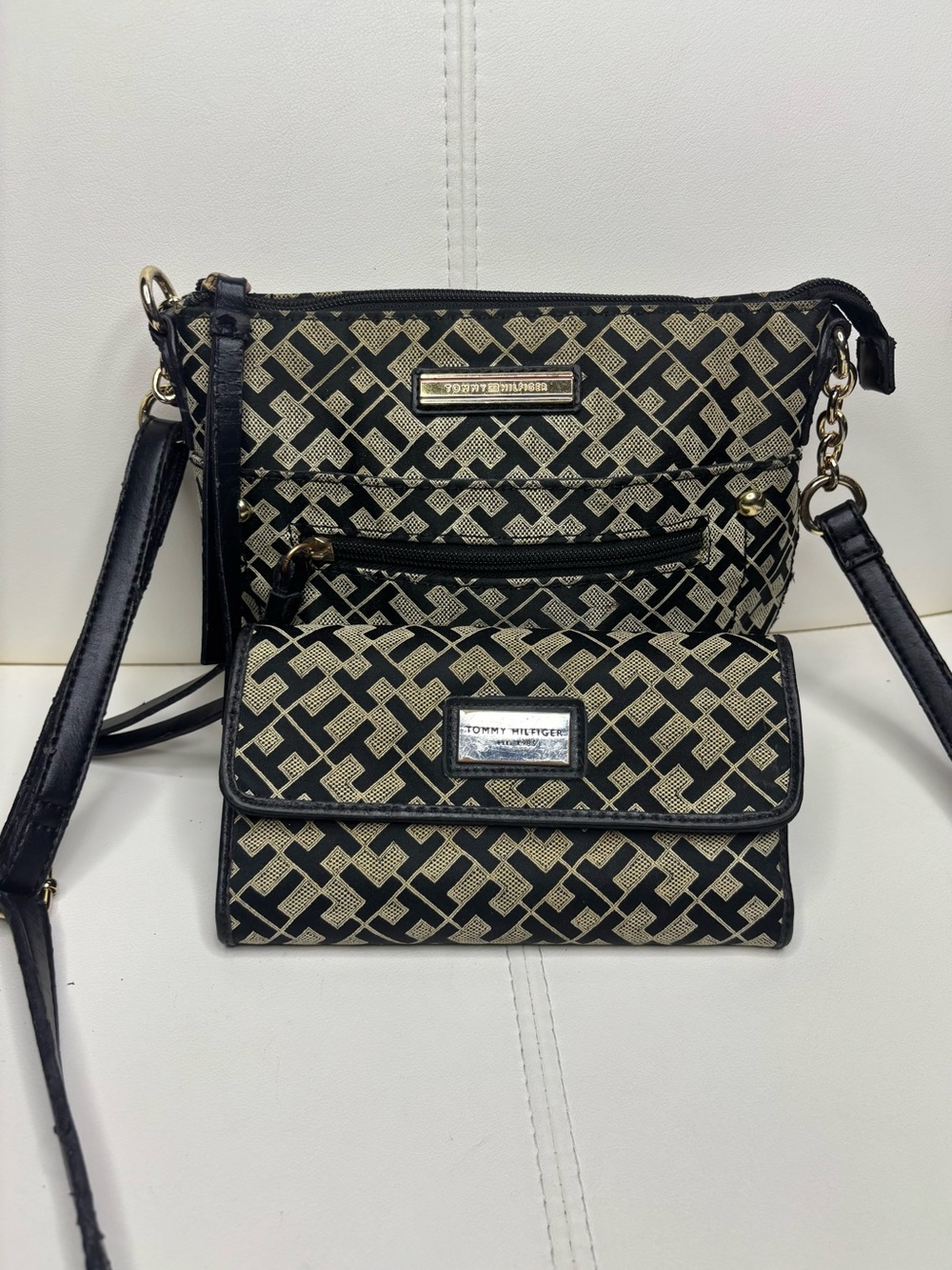 Tommy Hilfiger Black & Beige Monogram Crossbody with Wallet